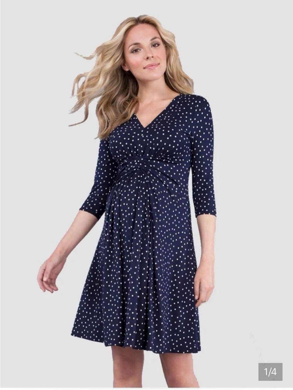 Seraphine Maternity Navy and White Polka Dot Knot front Dress